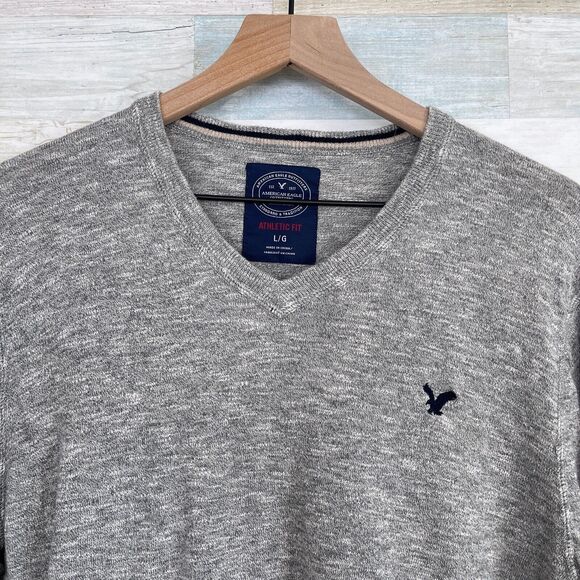 American Eagle Athletic Fit V Neck Sweater Gray Lightweight Casual Mens Large - Picture 2 of 6